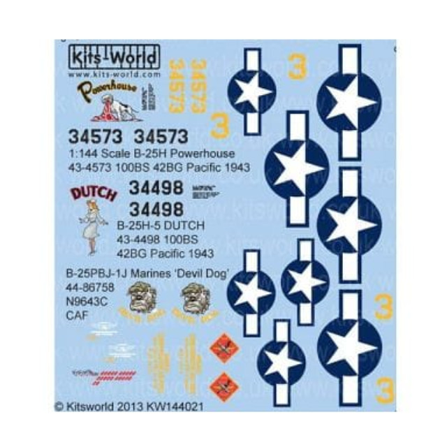 [PTM]1/144 米軍 B-25 ミッチェル デカールセット B-25HPower House/Dutch 米海兵隊 B-25-PBJ-1J ミッチェルDevil Dog [KW144021] World(キッツワールド) プラモデル