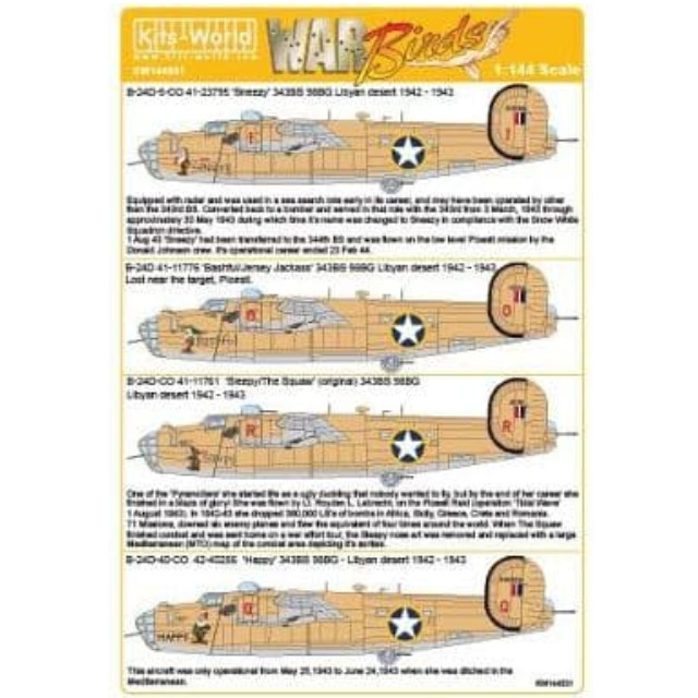 [PTM]1/144 米陸軍航空軍 B-24D リベレーター 第98爆撃航空郡 第343爆撃飛行隊 ’Sneezy’ ’Bashful’/’Jersey Jackass’ ’Happy’ ’Sleepy’/’The Squaw’ デカール [KW144031] Kits-World(キッツワールド) プラモデル