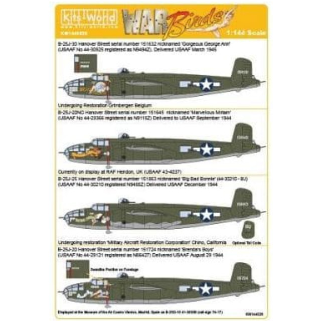 [PTM]1/144 米陸軍 B-25J ミッチェル ’Gorgeous George Ann/There She Blows’ ’Marvellous Miriam’ ’Big Bad Bonnie’ ’Brenda’s Boys’ デカール [KW144026] Kits-World(キッツワールド) プラモデル