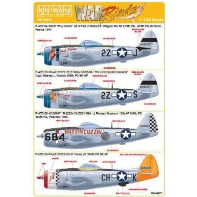[PTM]1/144 米陸軍 P-47D サンダーボルト ’Miss CAESAR/The Greenpoint Gladiator’ ’Helen Jo’ ’Phil Darlin’ ’Buzzin Cuzzin’ デカール [KW144027] Kits-World(キッツワールド) プラモデル