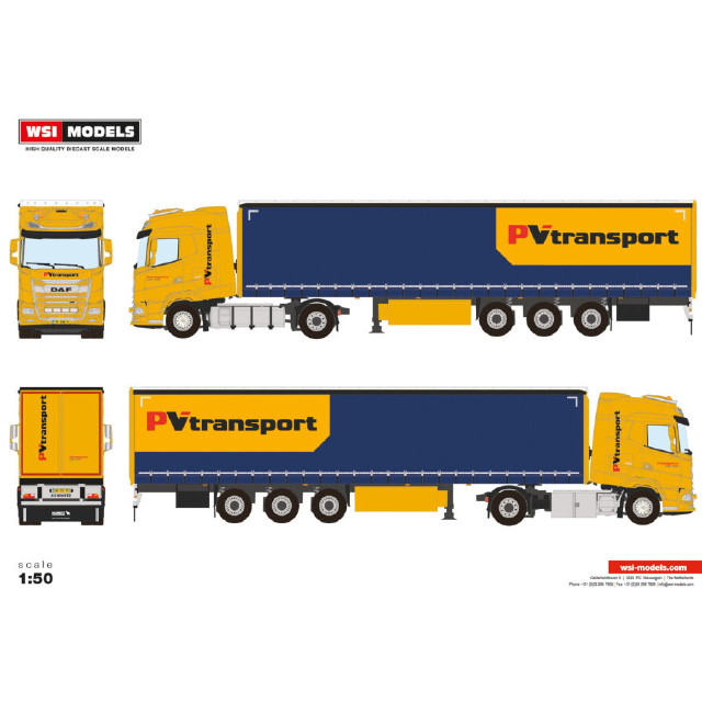 [MDL] 1/50 PV Transport DAF(ダフ) XG 4X2 CURTAINSIDE TRAILER - 3 AXLE 完成品 ミニカー(01-4534) WSI MODELS